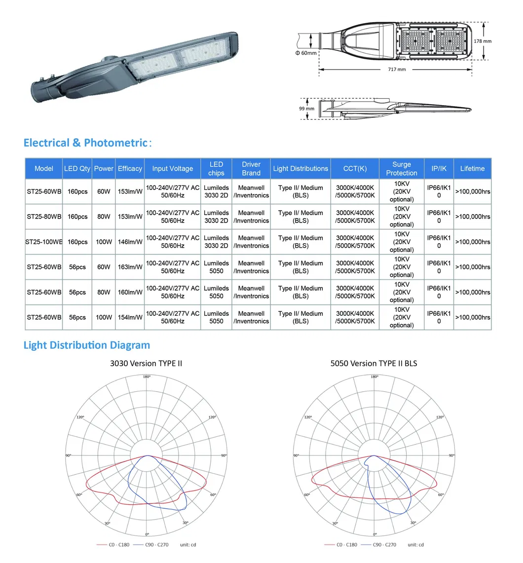 Chz Company High Lumens 150lm/W IP66 Waterproof 60W 80W LED Street Lamp 5 Years Warranty