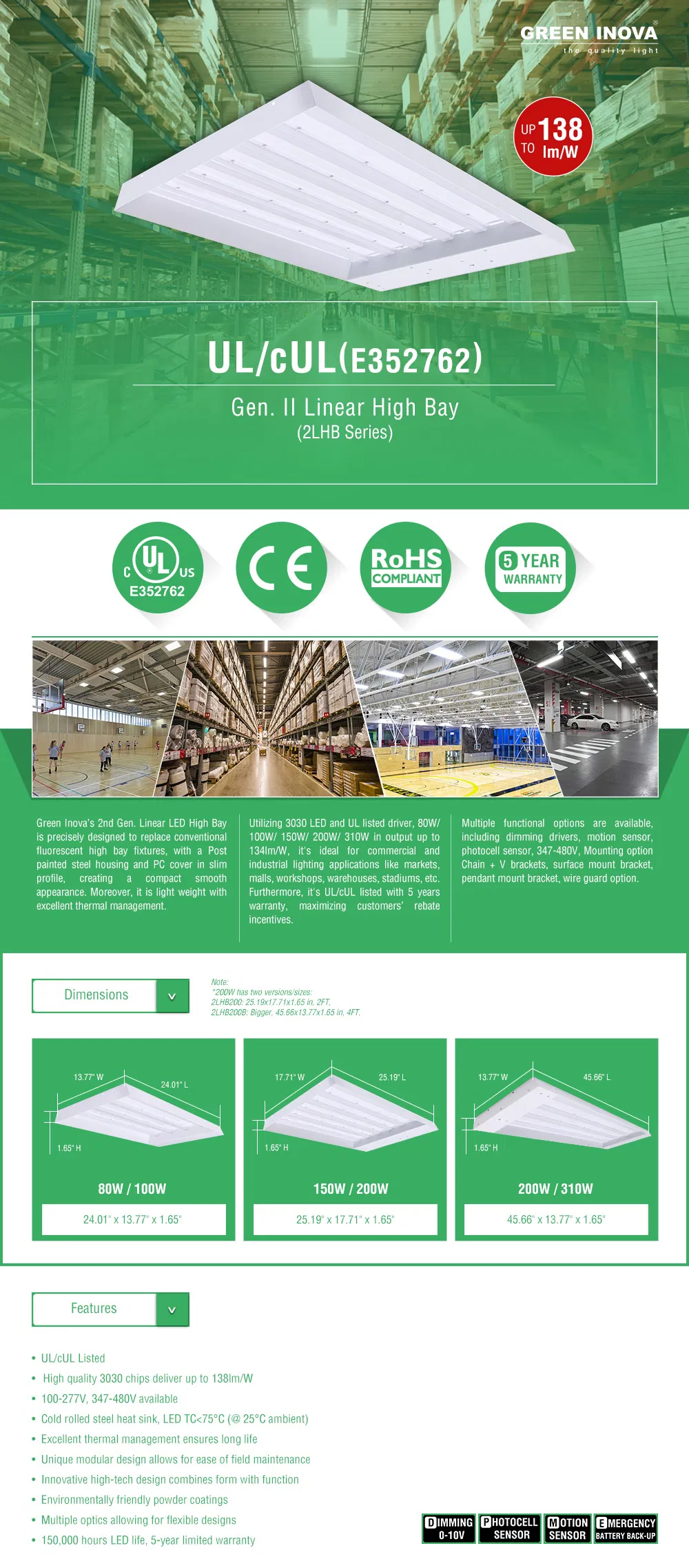 Dlc UL Ce SAA (80W 100W 150W 200W 310W) LED Linear Lighting High Bay HID Fixtures Lamp Light