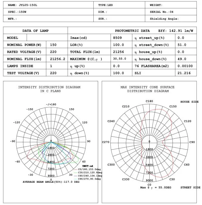 LED Street Lamp 180W 6000h Lumen Maintenance 100.5%