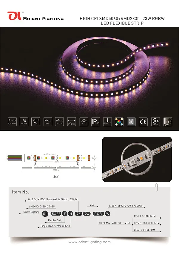 UL Ce SMD5628 RGB+W LEDs/M 6500K Flexible LED Strip Light